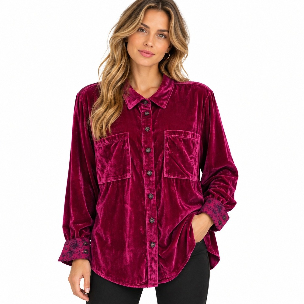 Pilcro Velvet Button Down Shirt M Magenta Pink Bohemian Luxe Whimsigoth Holiday